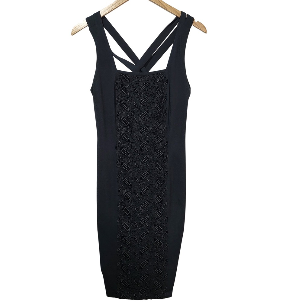VTG Carole Little‎ Petite Black Lace Panel Sheath Dress Crisscross Back Size 10
